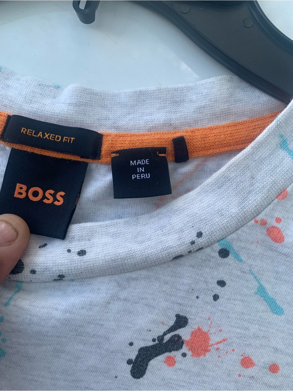BOSS White Short-Sleeve Tee with Orange & Teal Paint-Splash